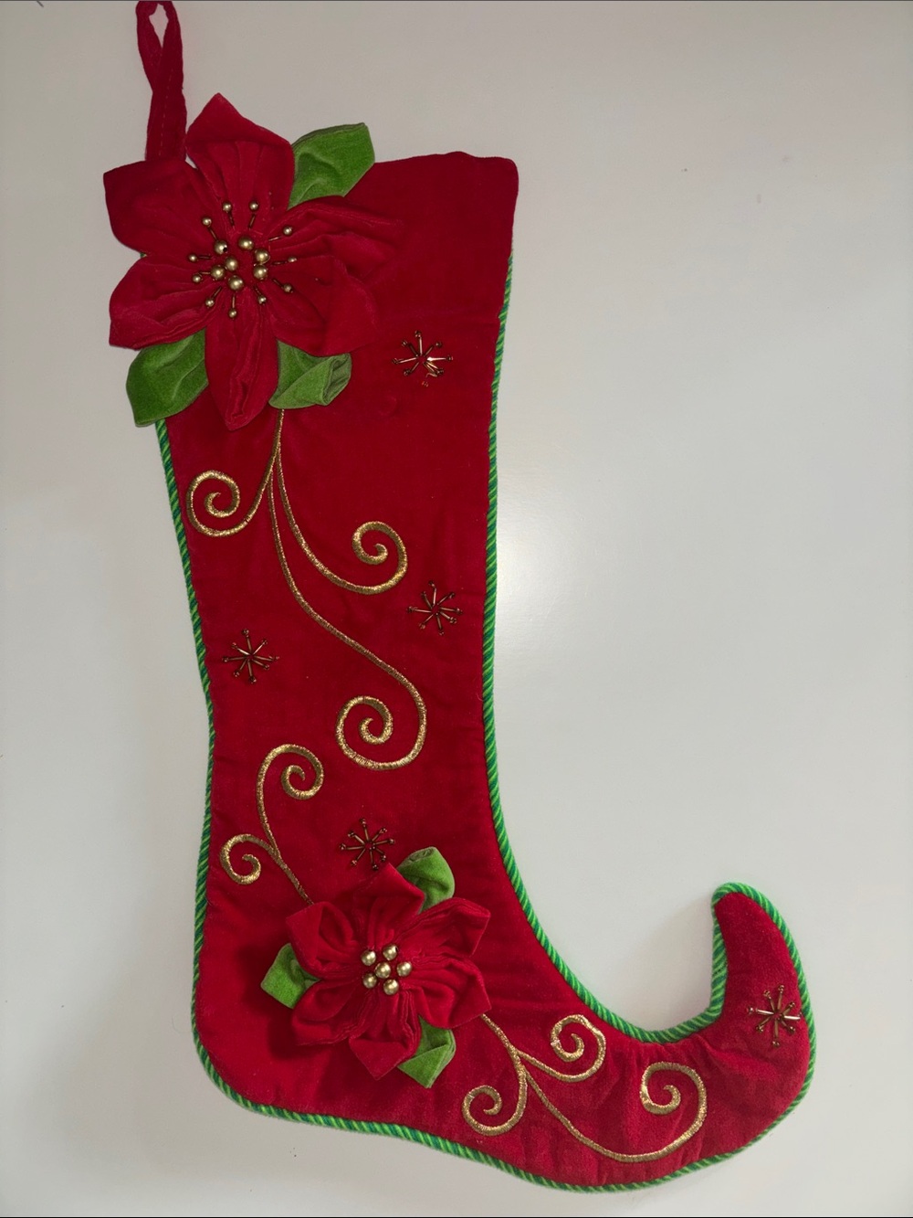Holiday Poinsettia Velvet Christmas Stocking - Red by